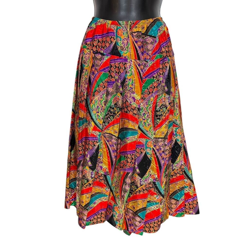 VINTAGE 80s 90s COLORFUL ABSTRACT RETRO PATCHWORK PRINT MIDI SKIRT SIZE S M